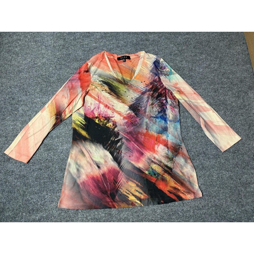 B.L.E.U. Top Womens M Multicolor Abstract V Neck Rhinestone Tunic Spring Casual